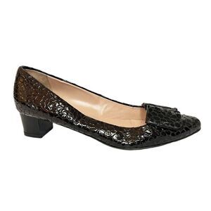 Diana Broussard Dark Brown Patent Croc Embossed Leather Low Block Heel Pumps